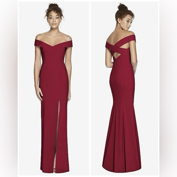 NWT Dessy Collection Off-the-Shoulder Criss Cross Back Trumpet Burgundy Gown 14R - Picture 1 of 16